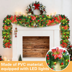Red LED rattan garland with green foliage, poinsettias, red berries, warm lights