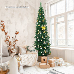 Green slim pencil artificial Christmas tree with warm white lights and ornaments