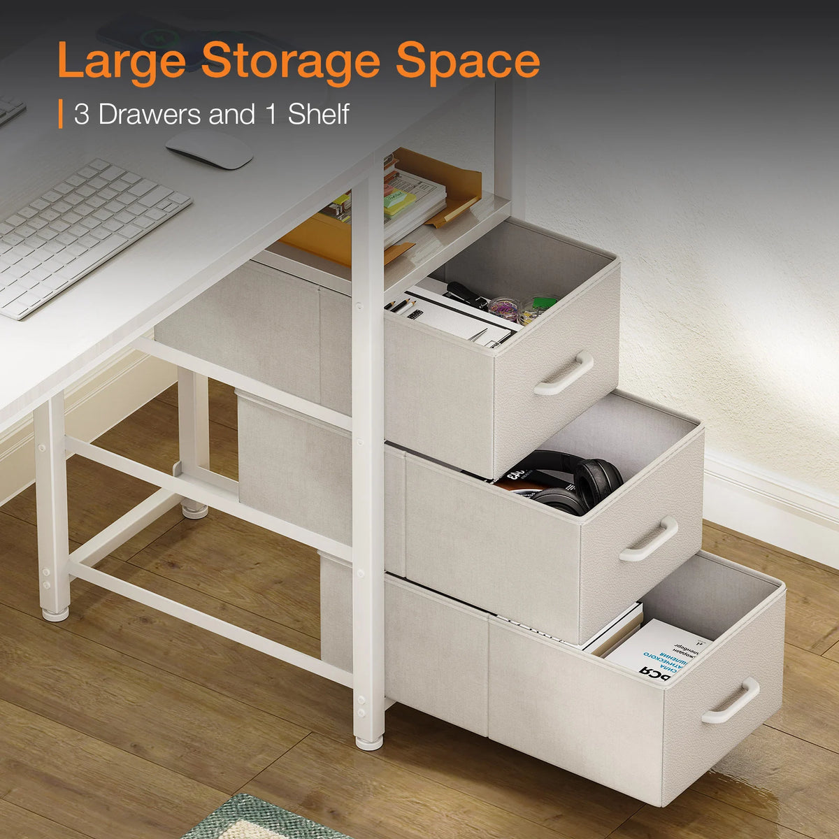 White office desk with multiple drawers and open storage cubbies under tabletop