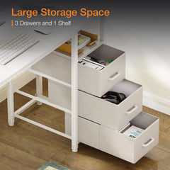 White office desk with multiple drawers and open storage cubbies under tabletop