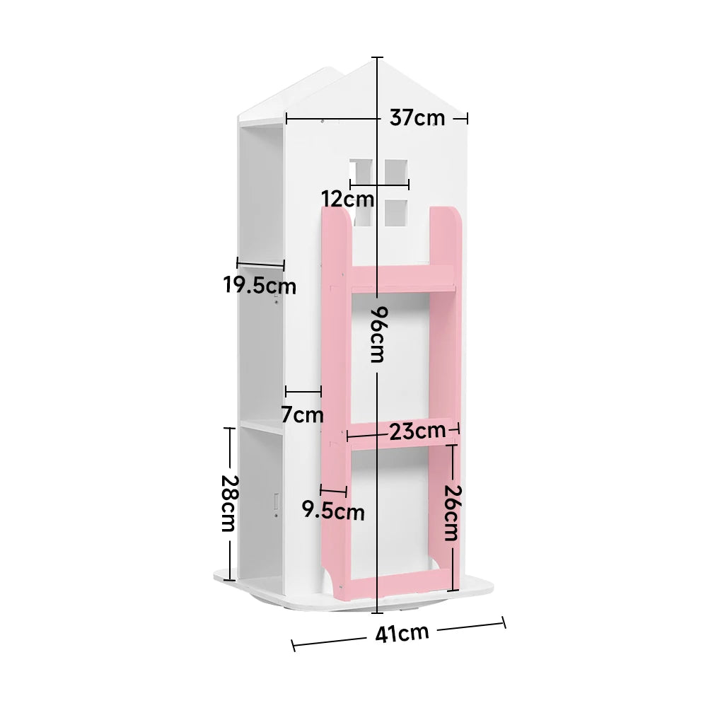 Breeins kids' rotating house-frame bookshelf size diagram, white with pink insert