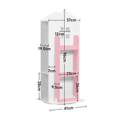 Breeins kids' rotating house-frame bookshelf size diagram, white with pink insert