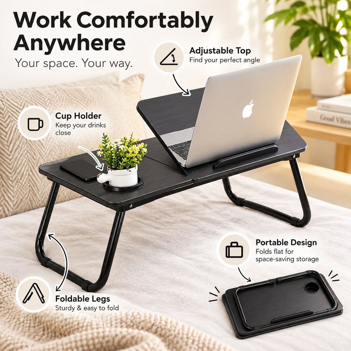 Adjustable folding laptop tray with cup holder, foldable legs, and storage area
