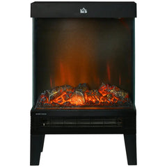 Black freestanding electric fireplace heater with front tempered glass and LED flame