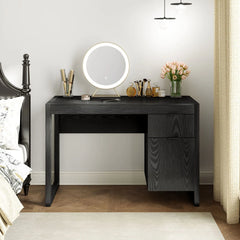 Black wooden computer desk with open center shelf and two front drawers