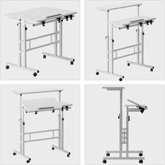 White standing desk frame with tilting top and caster legs, shown from multiple angles