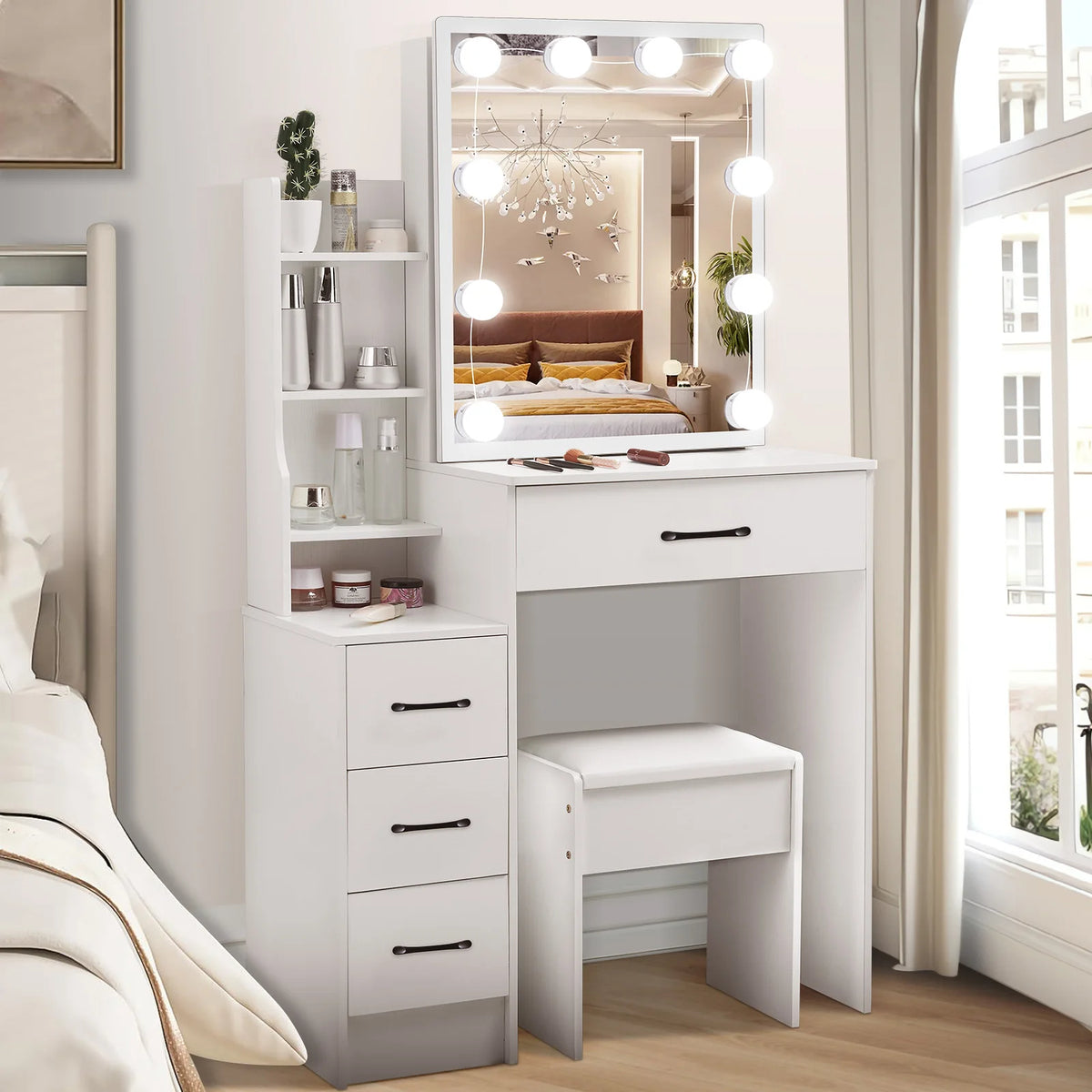 White dressing table with LED bulb mirror, multiple drawers, and cushioned stool