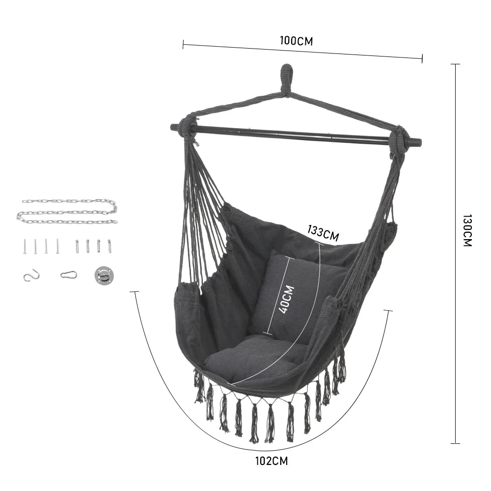 Dark gray hanging swing chair dimensions with canvas hammock and fringe tassels.