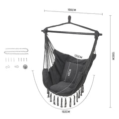 Dark gray hanging swing chair dimensions with canvas hammock and fringe tassels.