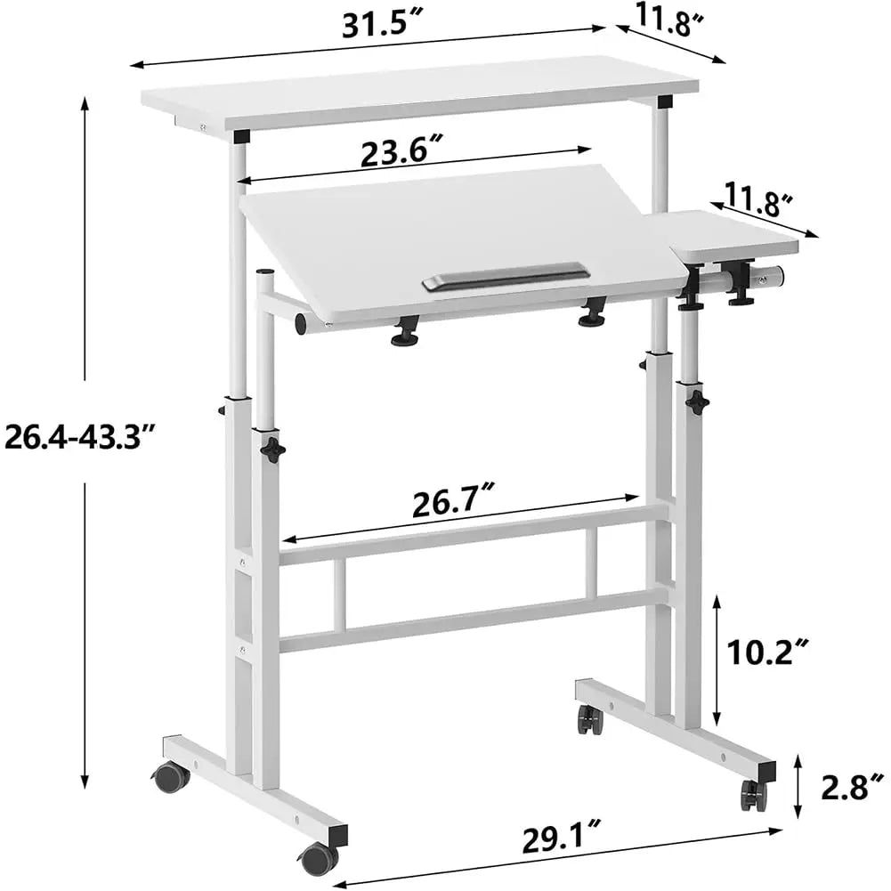 White height-adjustable standing desk size diagram with tilting tabletop and side shelf