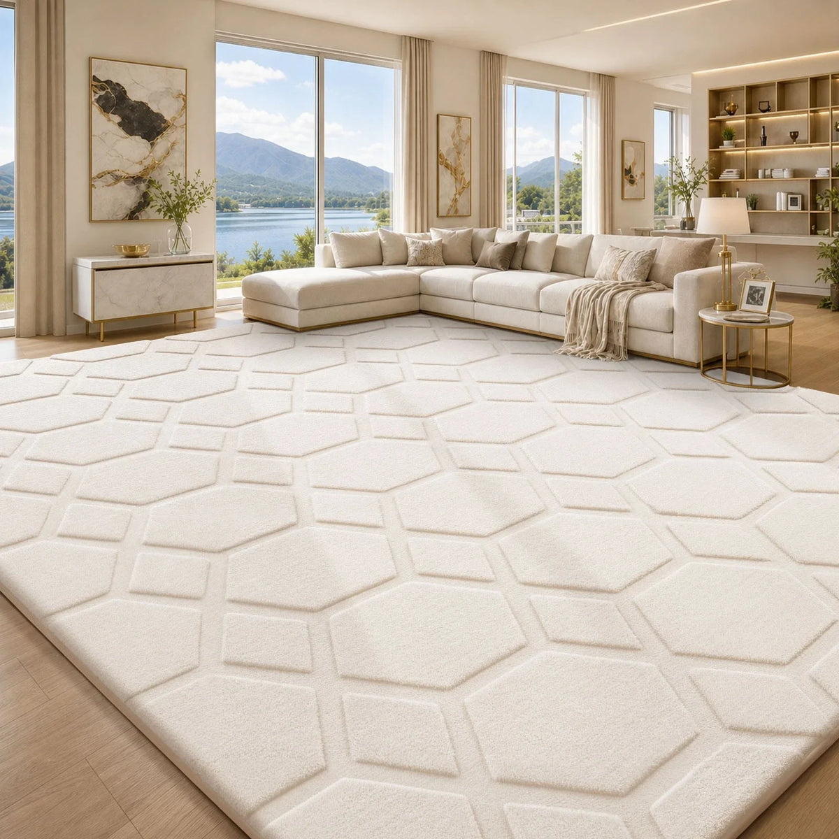 Light cream geometric area rug with embossed hexagon pattern, low-pile textured design