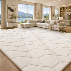 Light cream geometric area rug with embossed hexagon pattern, low-pile textured design