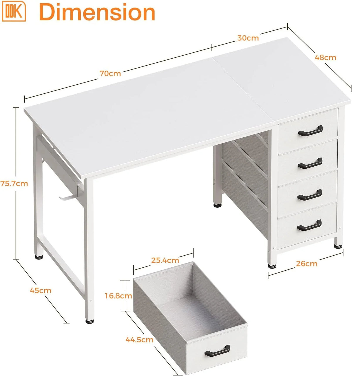 White computer desk with drawer storage and labeled dimension diagram