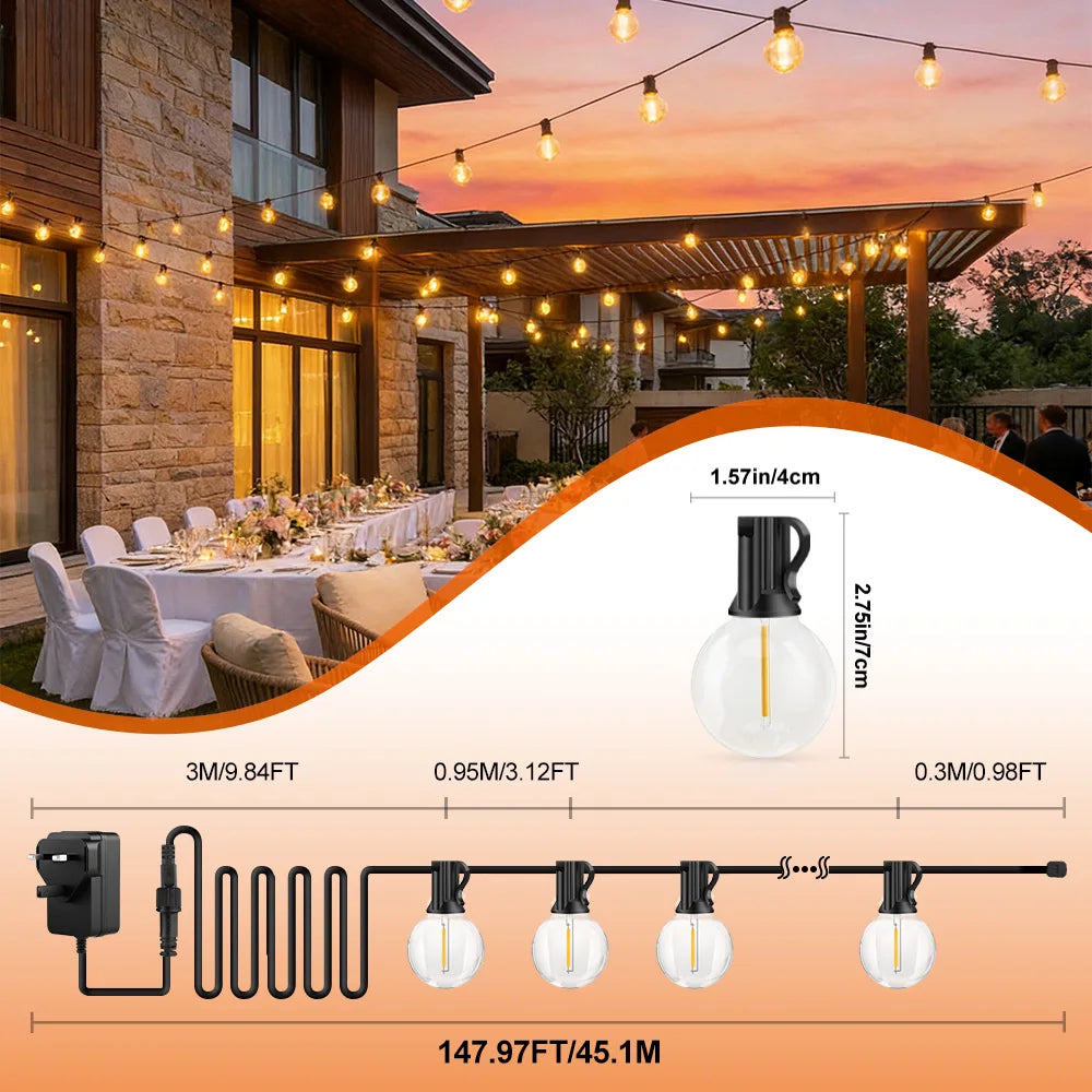 G40 globe string lights kit with bulb sockets, plug, and length dimension diagram