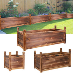 Dark brown wooden raised planter bed with slatted sides and corner posts for plants