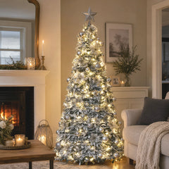 Pre-lit pop-up Christmas tree with warm white LED lights and silver ornaments, star topper