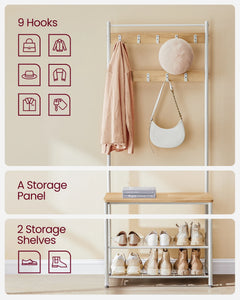 Coat stand feature panel with 9 hooks, storage panel, and two shoe shelves