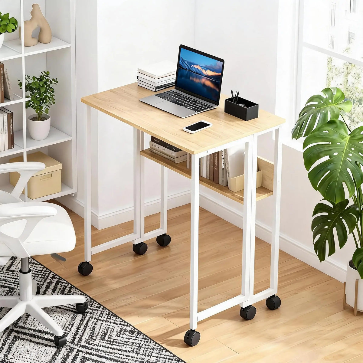 Folding computer desk with wheels, light wood top, white frame, storage shelves