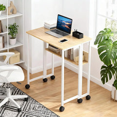 Folding computer desk with wheels, light wood top, white frame, storage shelves
