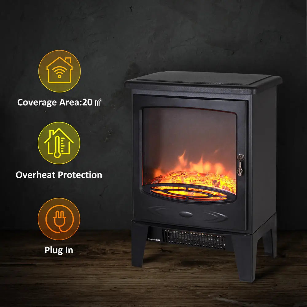 Black freestanding electric fireplace with flame window and overhead-protection feature icons.