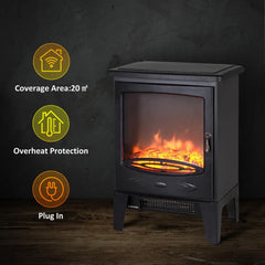 Black freestanding electric fireplace with flame window and overhead-protection feature icons.