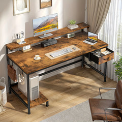 Compact computer desk with brown woodgrain top, side drawer, and lower shelves