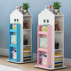 Breeins kids' rotating house-frame bookshelf in white with blue and pink shelves