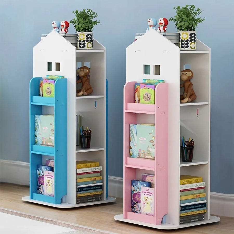 Breeins kids' rotating house-frame bookshelf in white with blue and pink shelves