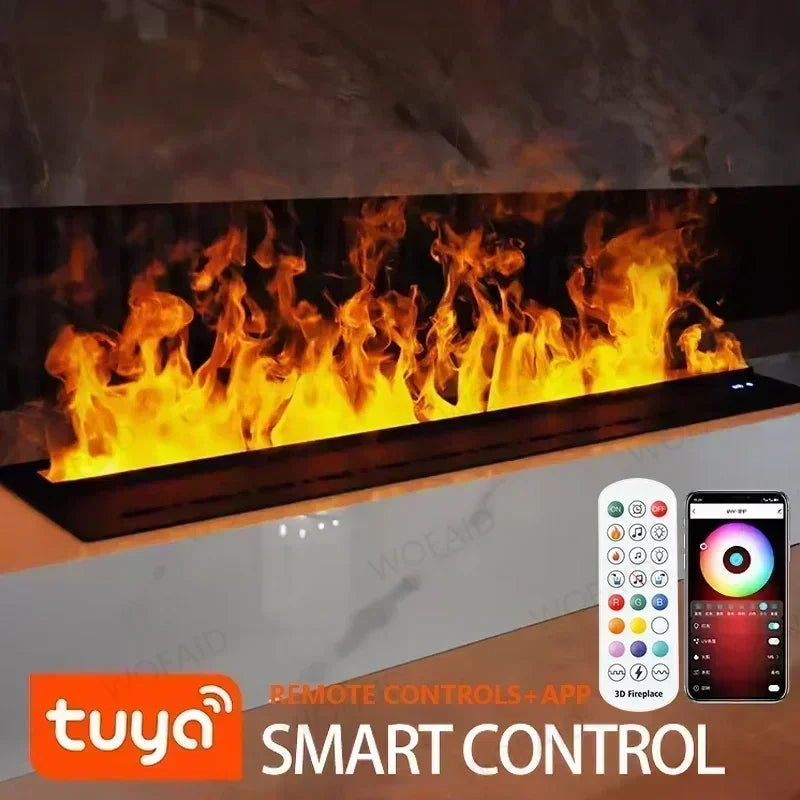 Electric fireplace with simulated flames, smart app remote control panel display