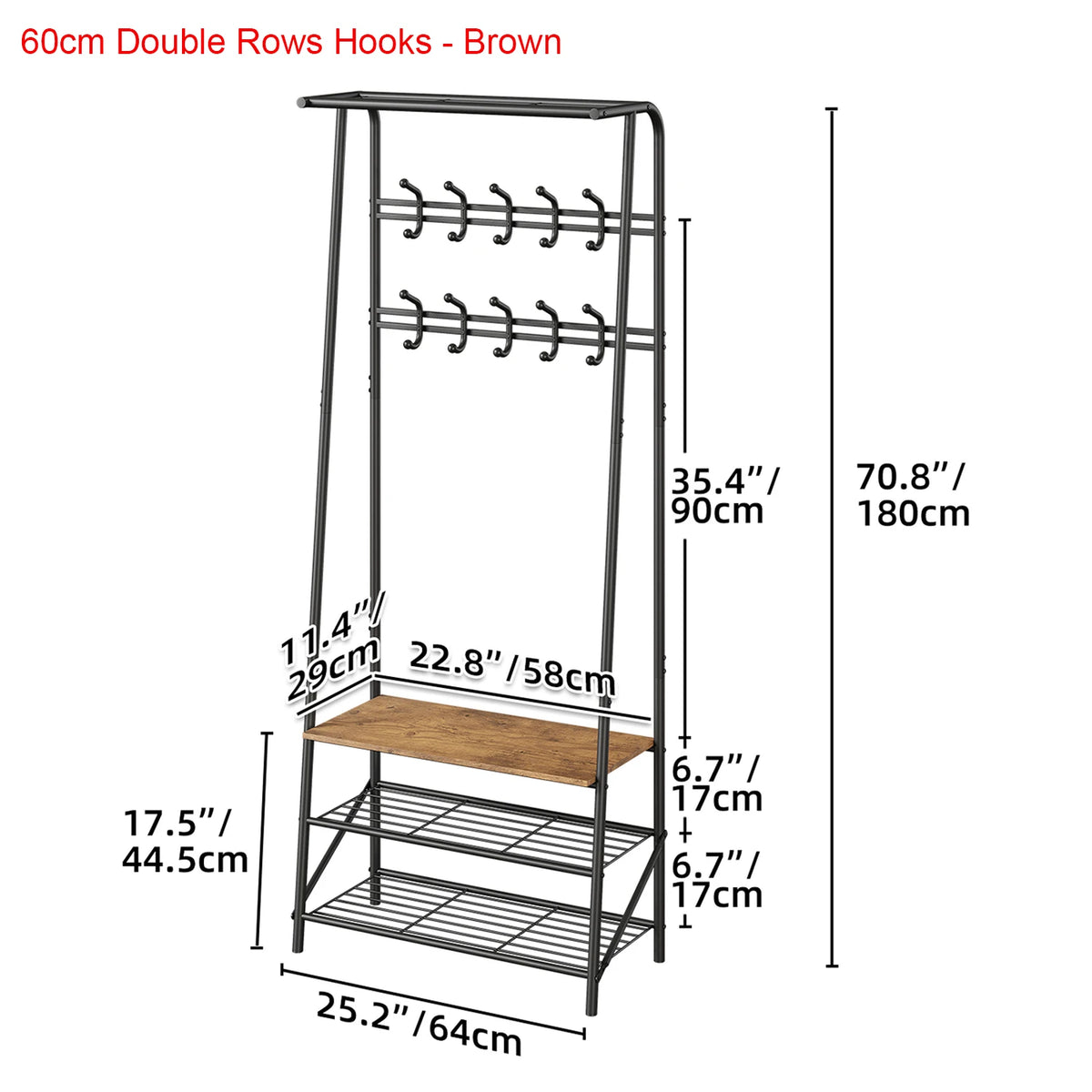 Coat rack shoe bench size diagram with double-row hooks, brown frame, shoe shelf