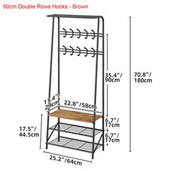 Coat rack shoe bench size diagram with double-row hooks, brown frame, shoe shelf