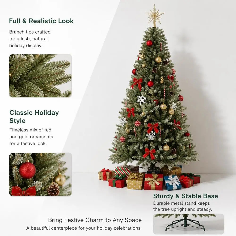 Artificial Christmas tree with green tips, red and gold ornaments, stable metal base