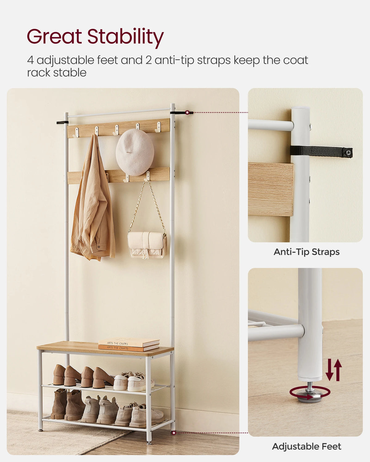 Coat stand with adjustable feet and anti-tip straps, shoe bench with shelves