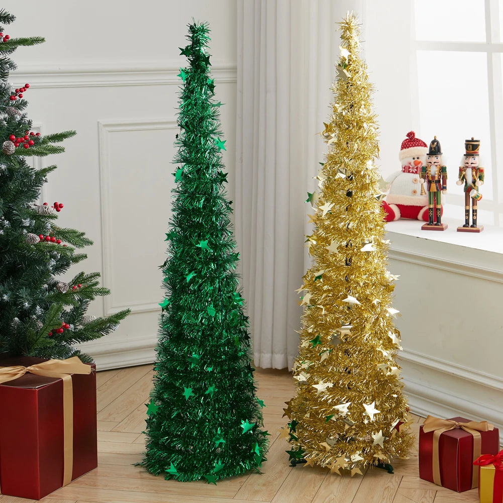 Green and gold collapsible tinsel Christmas trees with star toppers and bases, side view.