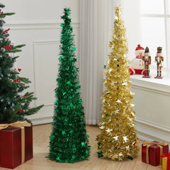 Green and gold collapsible tinsel Christmas trees with star toppers and bases, side view.