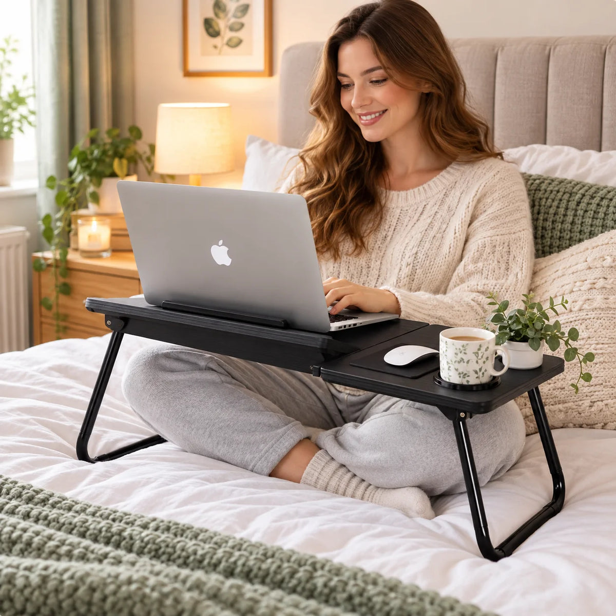 Folding laptop table tray, black top and curved legs for bed