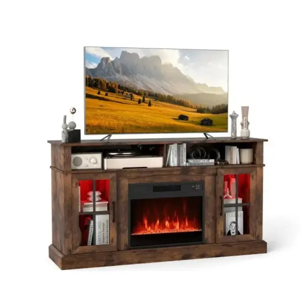 Brown fireplace TV stand with flat-screen TV shelf, open storage, and flame insert.