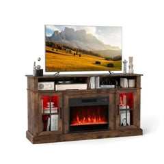 Brown fireplace TV stand with flat-screen TV shelf, open storage, and flame insert.