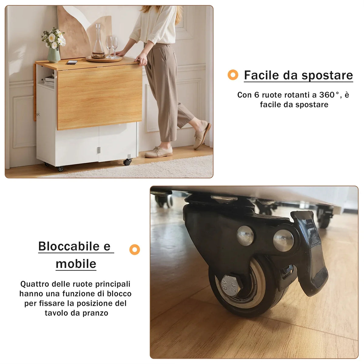 Folding table cabinet on caster wheels, retractable wood top shown partially open