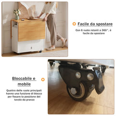 Folding table cabinet on caster wheels, retractable wood top shown partially open