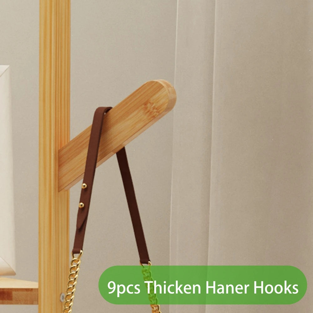 Natural wood coat rack corner stand with thick hanging hooks and chain strap