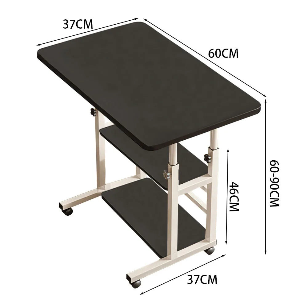 Adjustable lift bedside desk with storage shelf, dark top, caster wheels