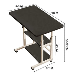 Adjustable lift bedside desk with storage shelf, dark top, caster wheels