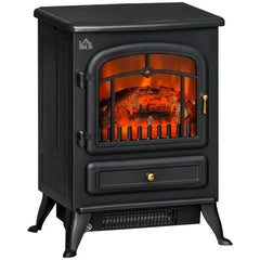 Black freestanding electric fireplace stove with glass viewing window and four stand legs
