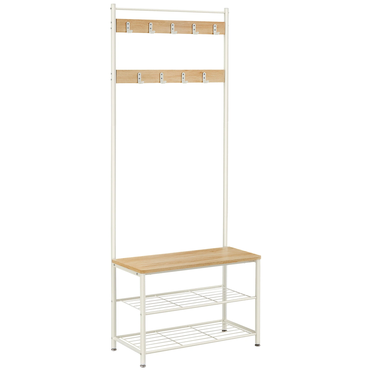 White coat stand with shoe rack, wood bench top and two-tier storage
