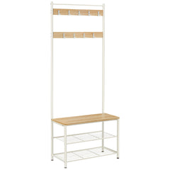 White coat stand with shoe rack, wood bench top and two-tier storage