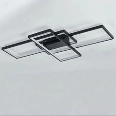Modern rectangular LED ceiling chandelier with black frame and four rectangular light panels