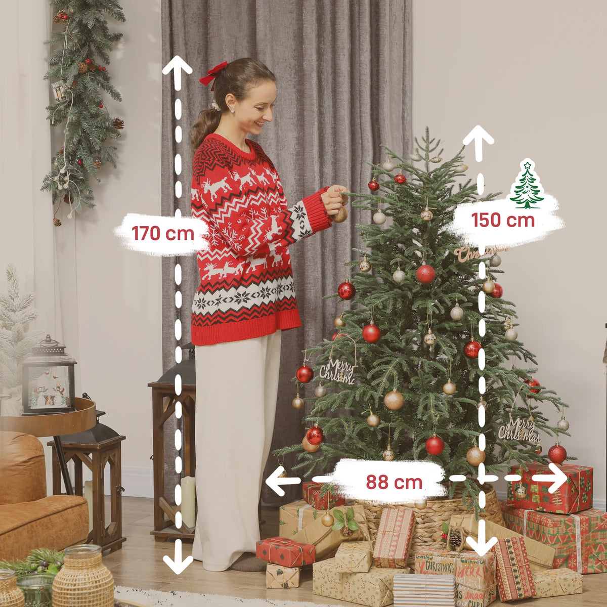 Full spruce Christmas tree, green, with red and white ornaments and ribbon accents