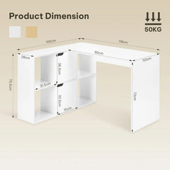 White L-shaped desk dimension diagram showing measurements for compartments