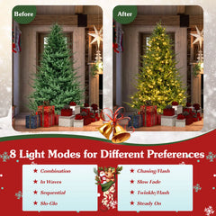 Hinged artificial Christmas tree with warm white lights shown in a before-and-after view